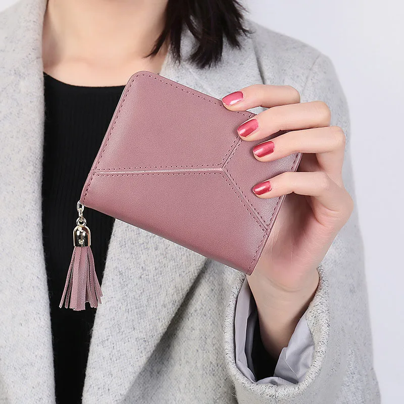 

Tassel Zipper Short Style Small Women Wallets Solid Coin Pocket Female Purse Candy Color Photo Card Holder Purse Bags