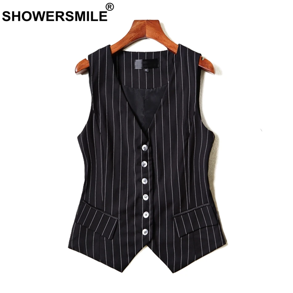 SHOWERSMILE, Короткие жилеты для женщин, черная полоска, без рукавов, куртки для девушек, OL, Приталенный жилет, Женский Осенний деловой костюм, жилет