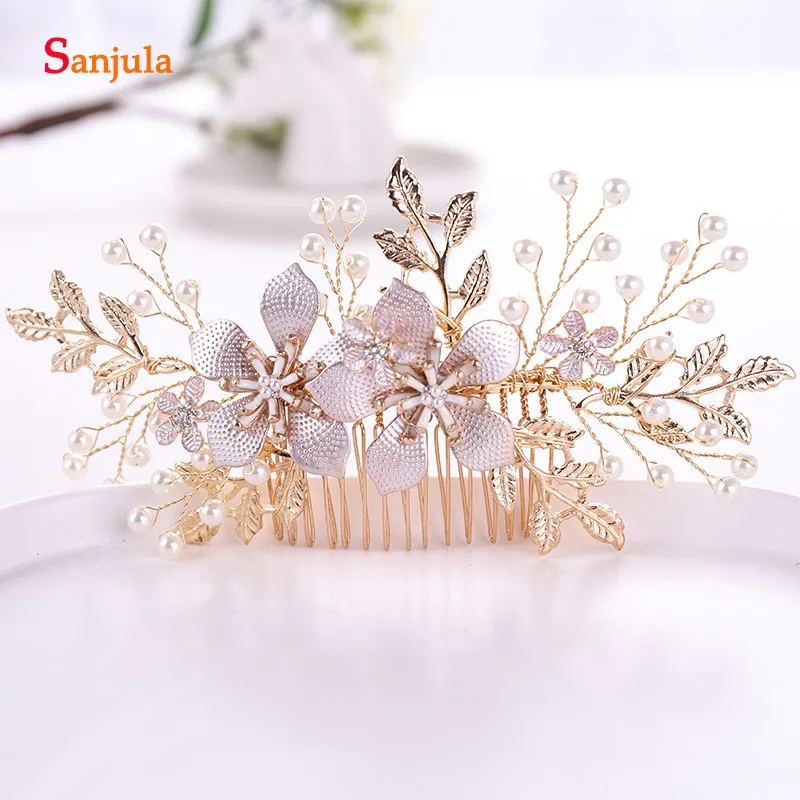 2019 Delicate Bridal Hair Combs Gold Leaves Flowers Wedding Headpieces With Pearls T103 | Свадьбы и торжества