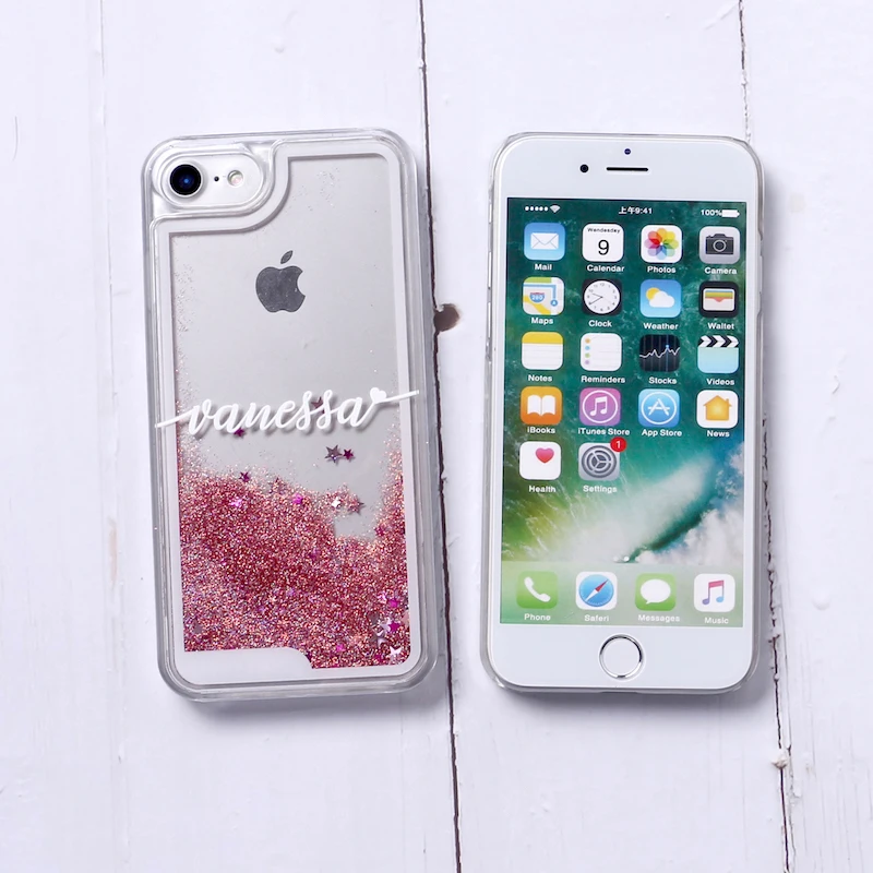 

Personalized Custom For iPhone 12 11 Pro 6S XS Max 7 7Plus 8 8Plus X XR Liquid Glitter Silver Sparkle Name Text Hard Phone Case