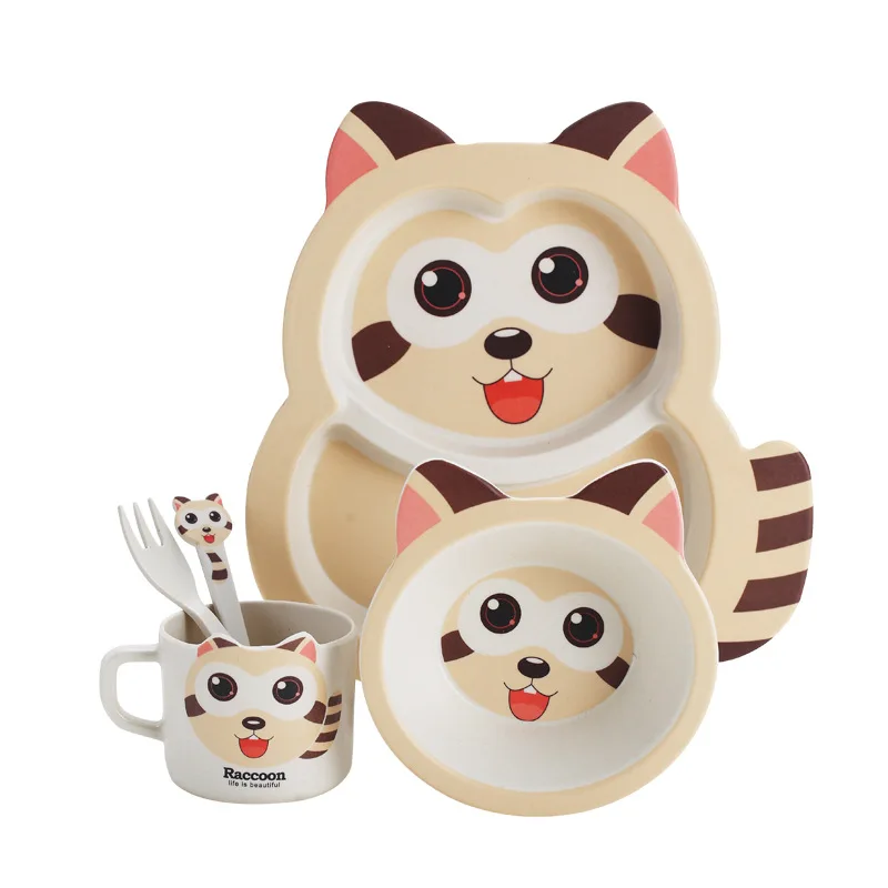 

5PCS/Sets Baby Dish Tableware Set Cartoon Fork Feeding Dishes for Kids Utensils Natural Bamboo Fiber Bowl With Cup Spoon Plate