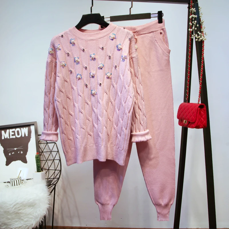 ALPHALMODA осень зима женские 3D цветочные трикотажные брюки костюмы тяжелая работа с