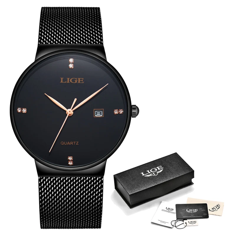 All black Новые синие кварцевые часы LIGE мужские s часы лучший бренд Роскошные часы для мужчин простые все стальные водонепроницаемые наручные часы Reloj Hombre - Цвет: All black