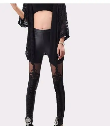 1pcs/lot punk style woman lace patchwork legging leather pu female sexy black legging free size