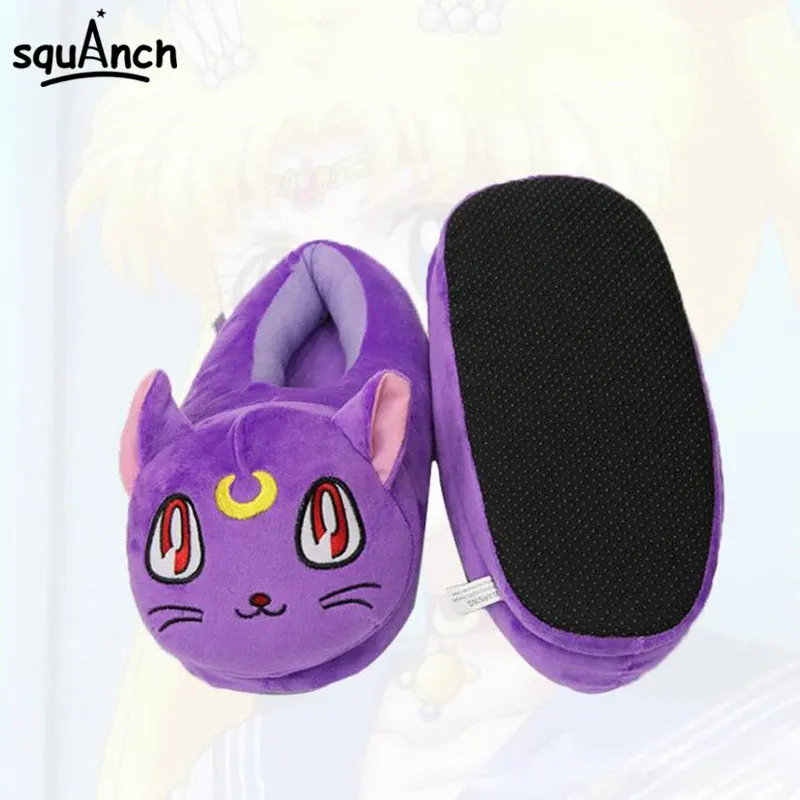 Kawaii Moon Luna/тапочки с котом из мультфильма; фиолетовая обувь в стиле моряка; плюшевые тапочки с забавными животными для женщин и девочек; зимняя домашняя одежда