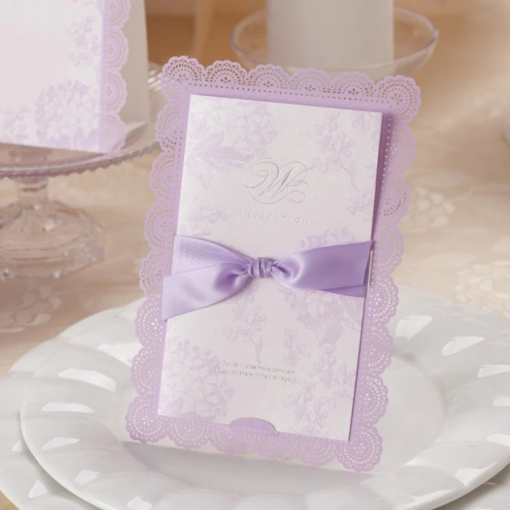 

50pcs Wishmade Purple Lace Laser Cut Wedding Invitations Cards With Ribbon Bow for Bridal Shower Invitations ,Customized CW003