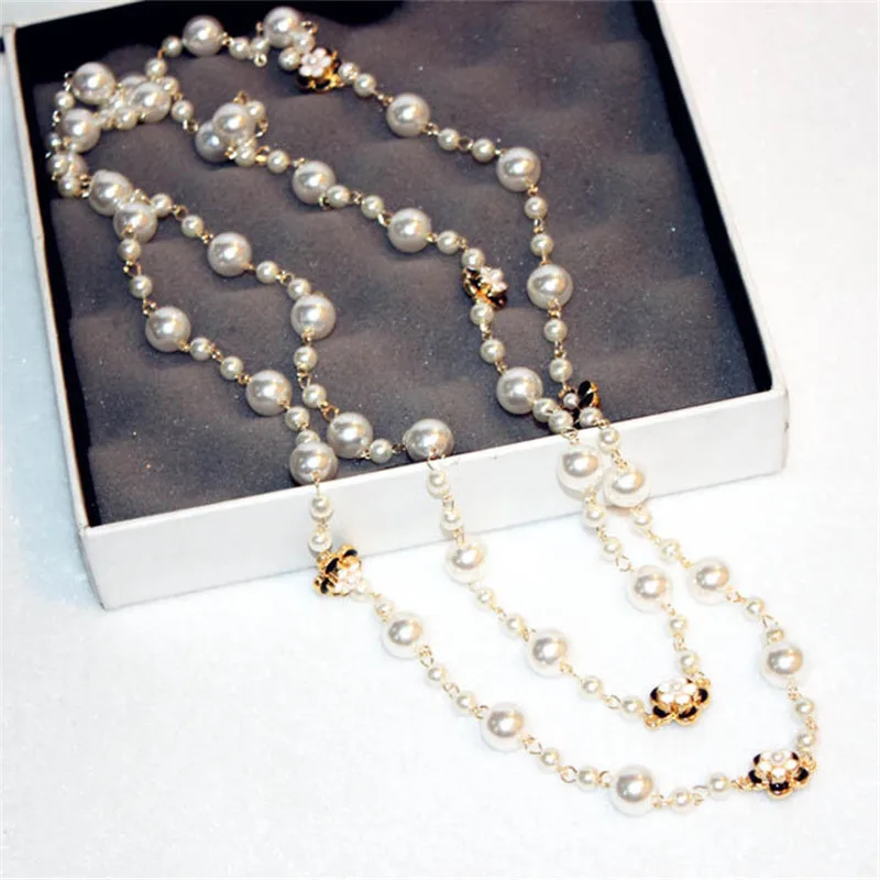 Женское жемчужное ожерелье длинное с подвеской в виде цветов|flower pendant necklace|pearl