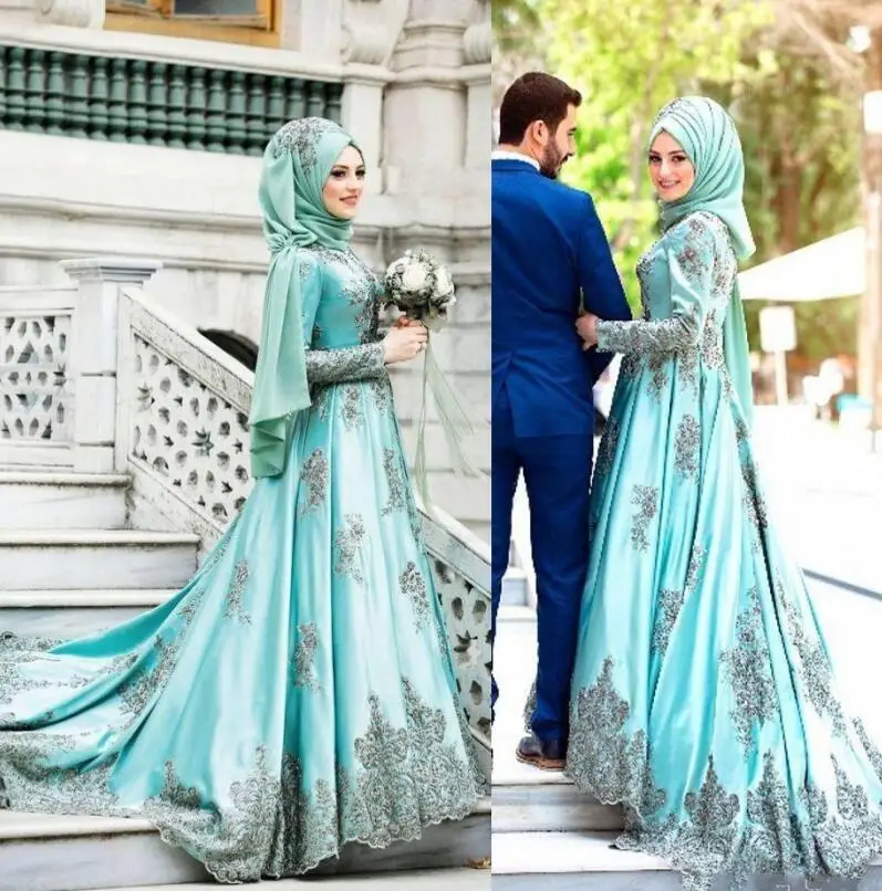 same as the photo Бирюзовое платье Vestido De Noiva мусульманское свадебное платье бальное платье с длинными рукавами кружевное вышитое бисером Бохо Дубай арабское свадебное платье для невесты - Цвет: same as the photo