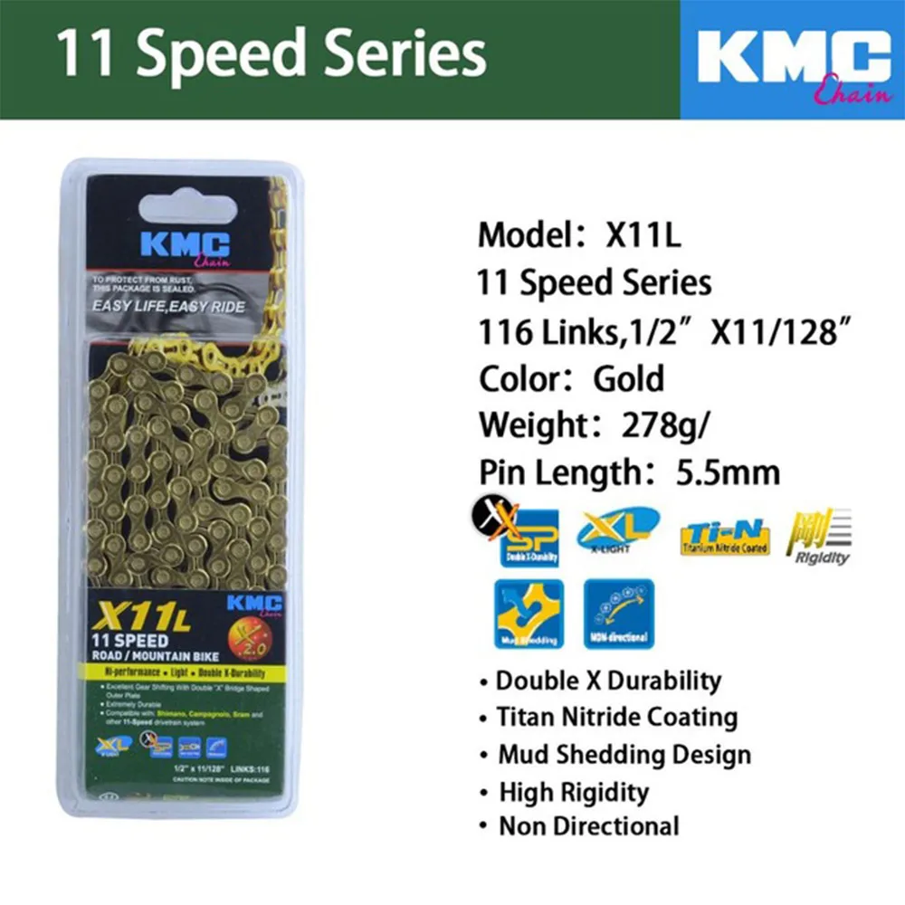 Цепь KMC X8 X9 X10 X10 EPT X9L X10L X11LBike 9S 10S 11S Gold для MTB/шоссейного велосипеда fo Shimano/SRAM 8 9 10 11 speed 116L/цепной велосипед