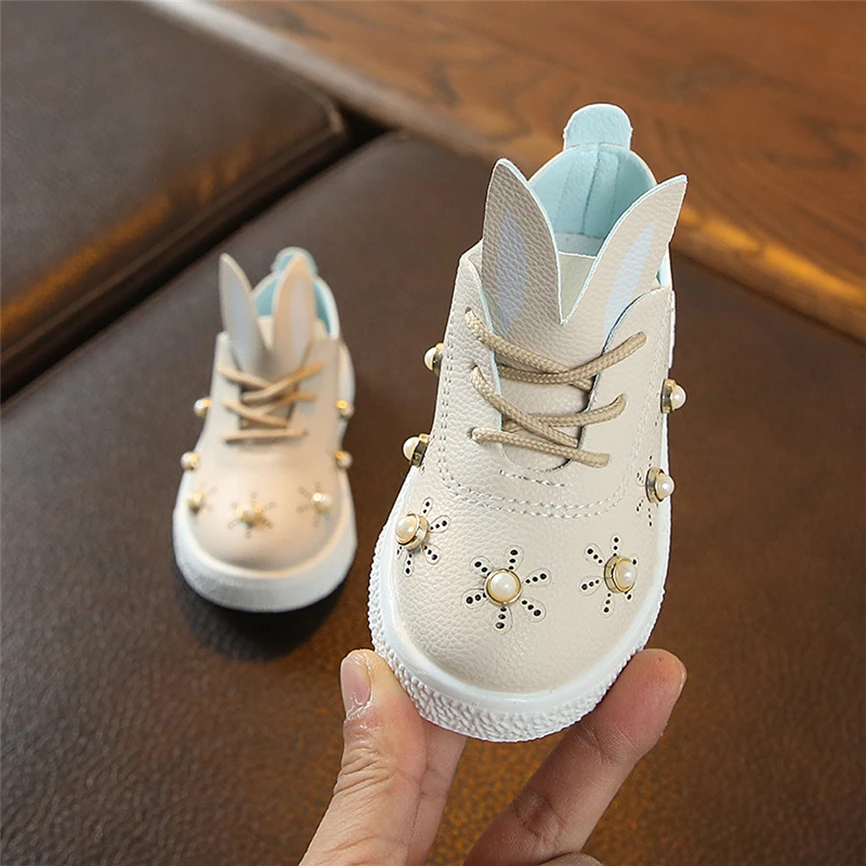 Сезон весна лето Детские кроссовки с жемчужными ушками для маленьких девочек