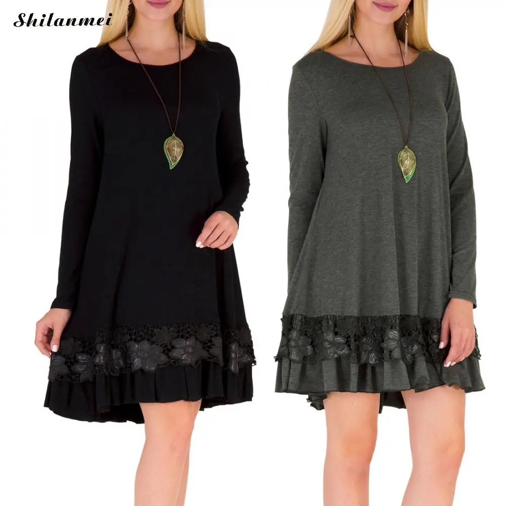 Котон платье для женщин 2017 г. повседневные свободные кружевное Осень Длинные