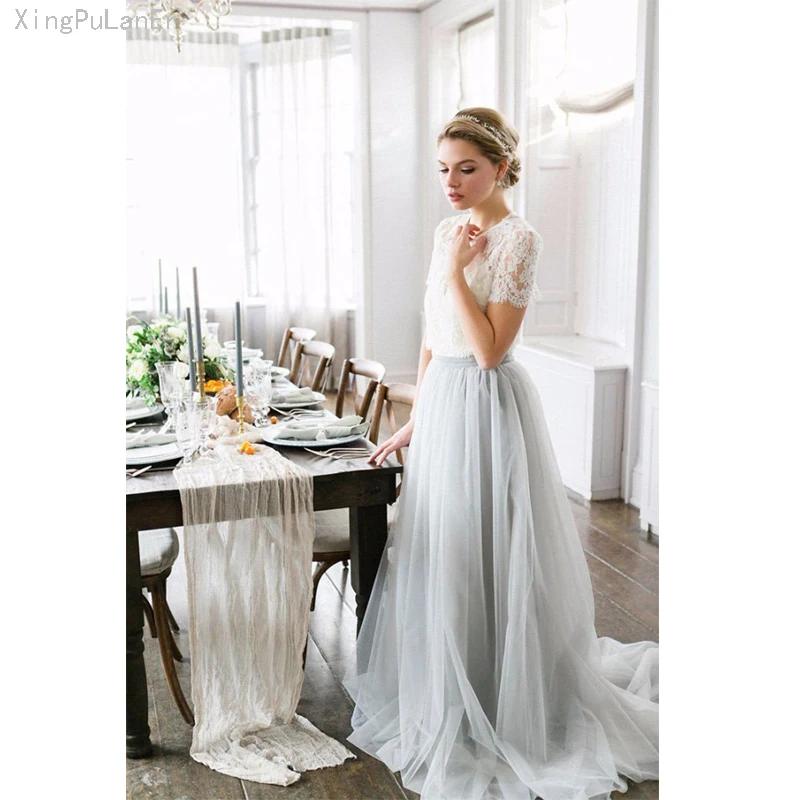 

2019 Romantic Lace Top Two Pieces Wedding Dress A Line O Neck Country Bride Gowns Turkey Long Pregnant Wedding Dress