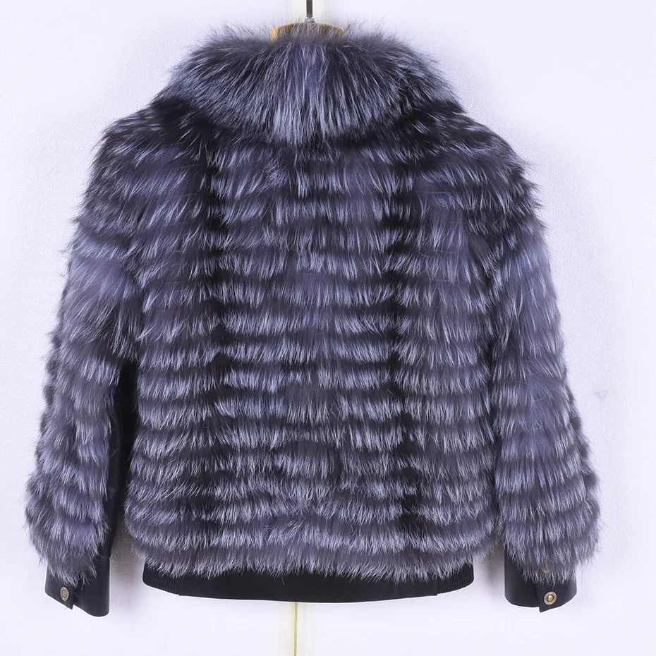 Woman's Real Natural Silver Fox Fur Jacket In Winter Casual Long Sleeved Silver Fox Hair Collar Routine Jacket  Fashion Clothes