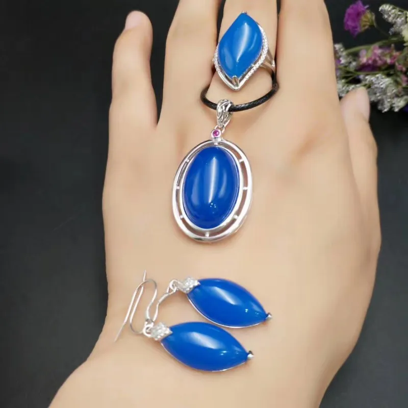 Натуральный халцедон костюм кольцо кулон серьги браслет s925 серебро