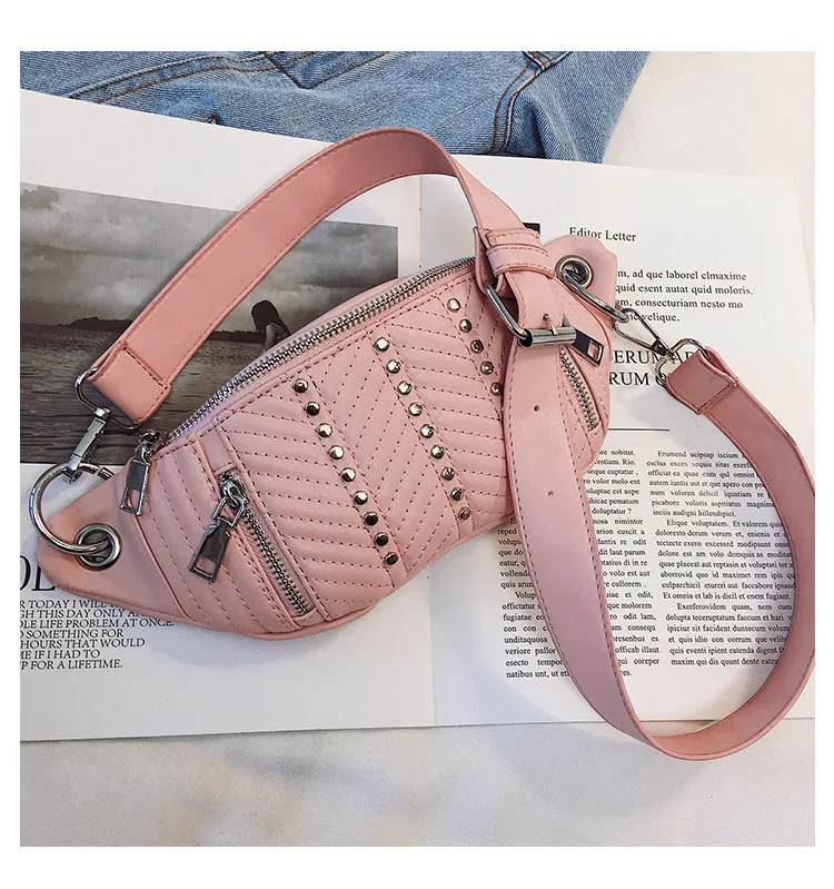 pink Роскошные дизайнерские кожаные поясные сумки для женщин, модная поясная сумка, высокое качество, Женский кошелек с заклепками,, поясная сумка с ремнем, Новинка - Цвет: pink