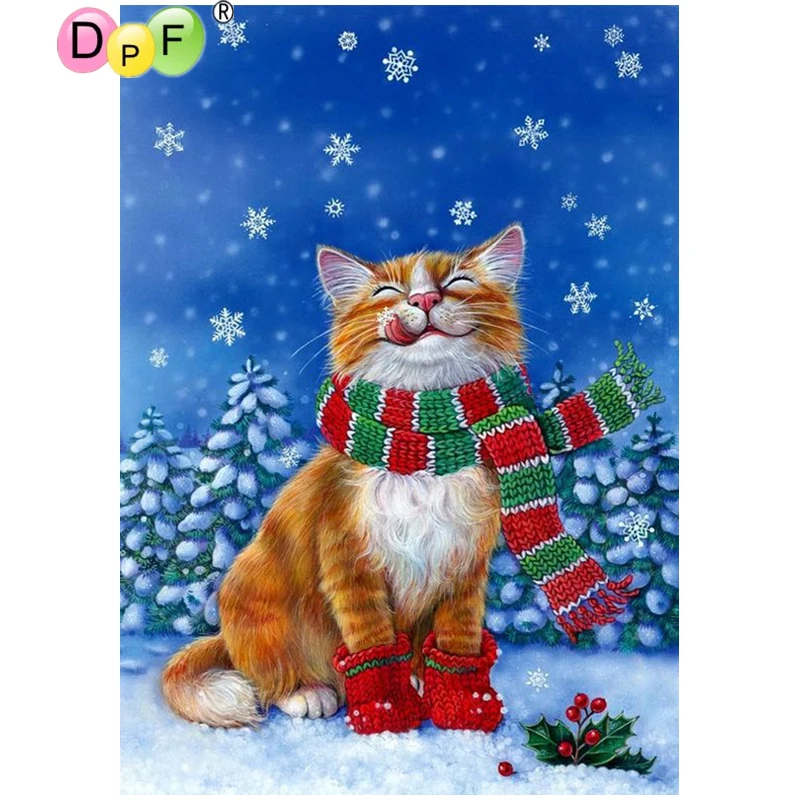 DPF DIY кота зимние 5D настенная живопись мозаика набор камни в форме ромба картина