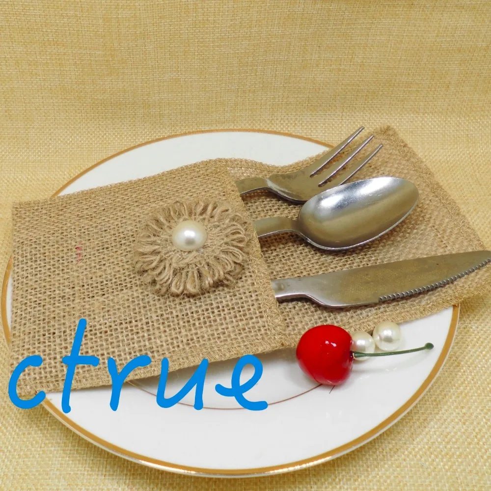 12 шт. цветочный дизайн Мешковина держатель для столового серебра столовых