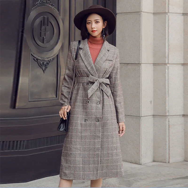 VogorSean Winter New Women Wool Blends Coat Jacket 2018 Temperament Fashion Double Breasted Belt Waist Lattice Ladies Long Coats | Женская