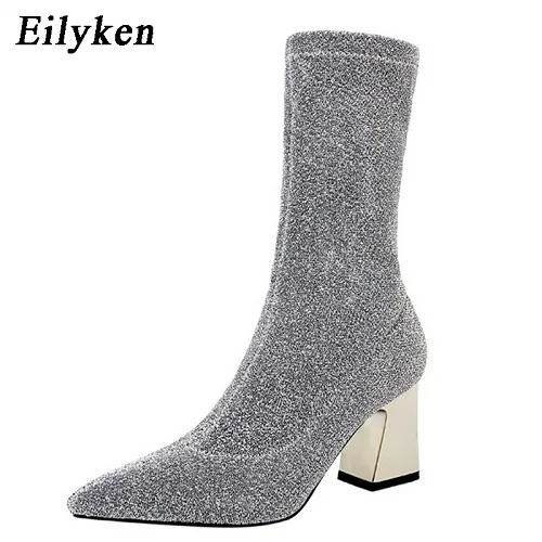 Eilyken/ новые модные женские ботинки из расшитой блестками ткани серебристого цвета ботинки с острым носком на высоком каблуке осенне-зимние ботинки «Челси» размеры 34-40 - Цвет: silver
