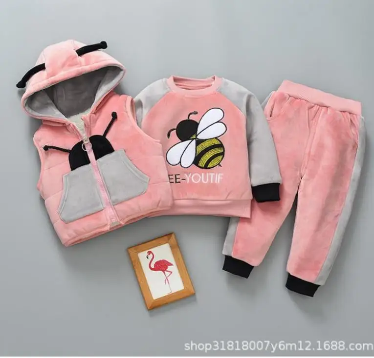 Baby Boys Girls Warm Set Winter Cartoon cat Kids Thickening Hooded Vest+Sweater+Pant Three-piece Sport Suits Children Clothing