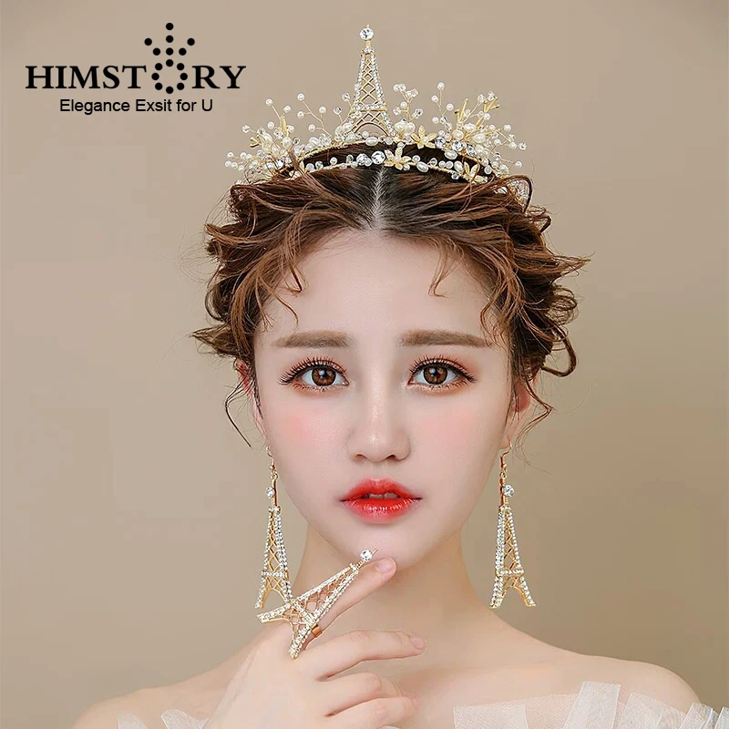 

HIMSTORY Handmade Gold Eiffel Tower Designs Hair Crown Earring Rings Bridal Wedding Fascinator Hair Accessory Headdress