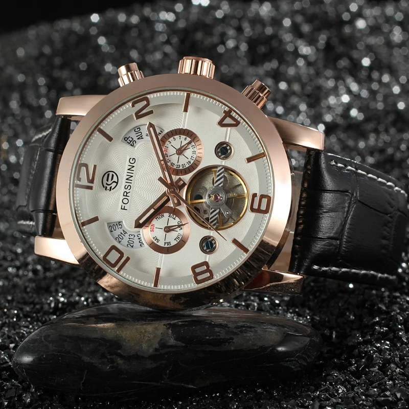 Автоматические деловые часы модные механические для мужчин с черным ремешком из