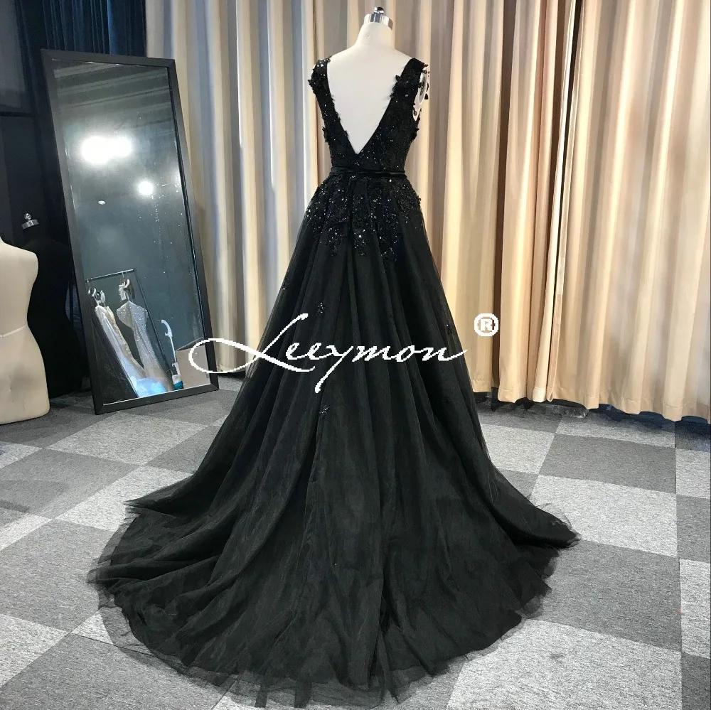 Leeymon На Заказ Sexy Backless Beading Appliques Party Dress Длина До Пола Платье Выпускного Вечера Черныйой спиной, вечернее платье с аппликацией длиной до пола, черное платье для выпускного вечера
