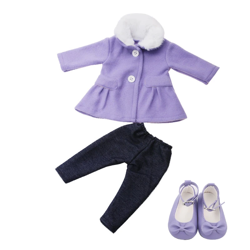 Purple 18 дюймов, с круглым вырезом, для девочек Единорог одежда шерстяное пальто+ штаны для малышей; туфли американский born платье детские игрушки подходит 43 см для ухода за ребенком для мам, детские куклы, c701 - Цвет: Purple