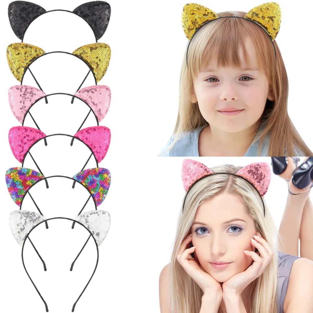 

6 pcs New Cute Cat Ears Bezel for Girls Hair Accessories Sequins Hairband Cat Ear Headband Women Children Party Halloween Gifts