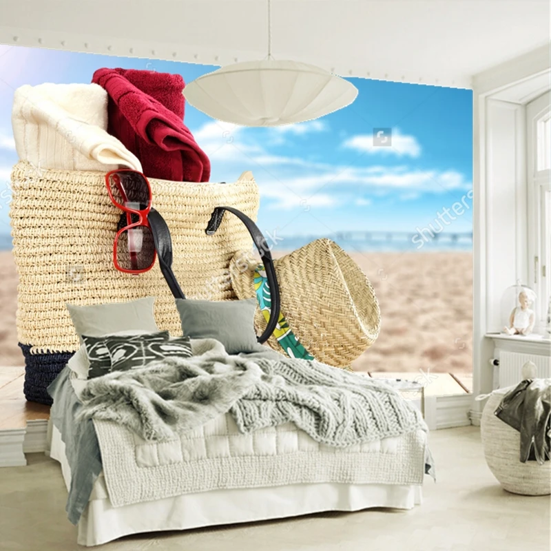 Обои с природным пейзажем деревянный стол море и пляж 3D фото для гостиной спальни