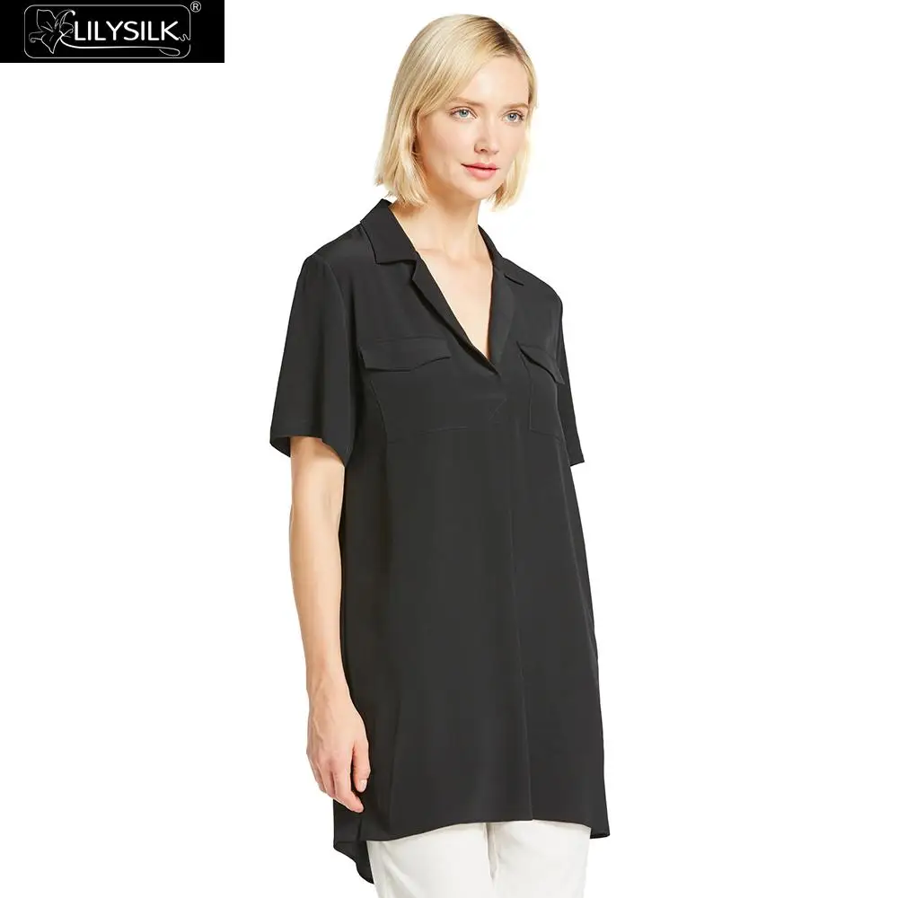 Black LILYSILK Блузка Высокая Низкая шелковая Женская Распродажа - Цвет: Black