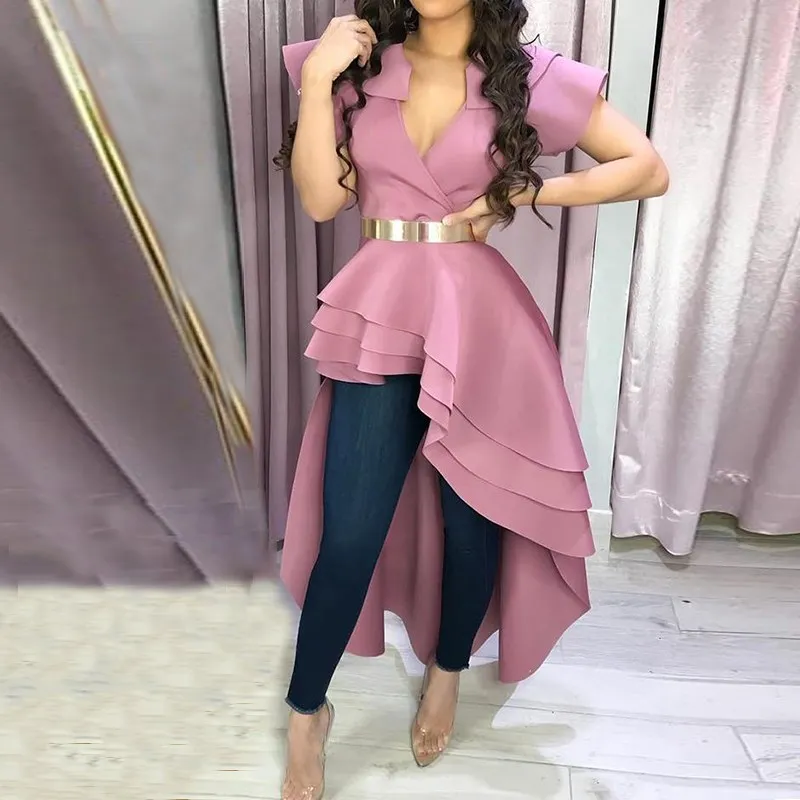 2019 Женская Асимметричная блузка с коротким рукавом и оборками одноцветная