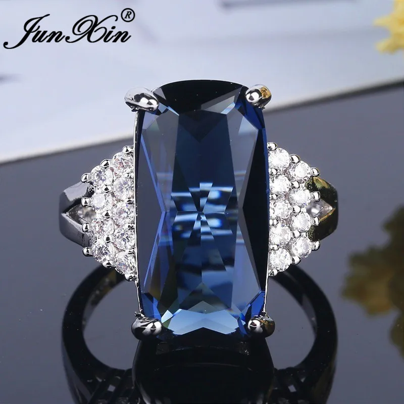 JUNXIN Женский Мужской прямоугольник камень Big Blue кольца для женщин Серебряный Цвет