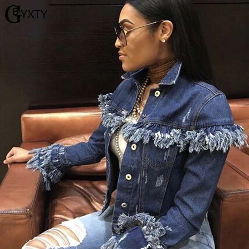 GBTXTY chaqueta jeans mujer женская новая короткая джинсовая куртка с бахромой в стиле панк