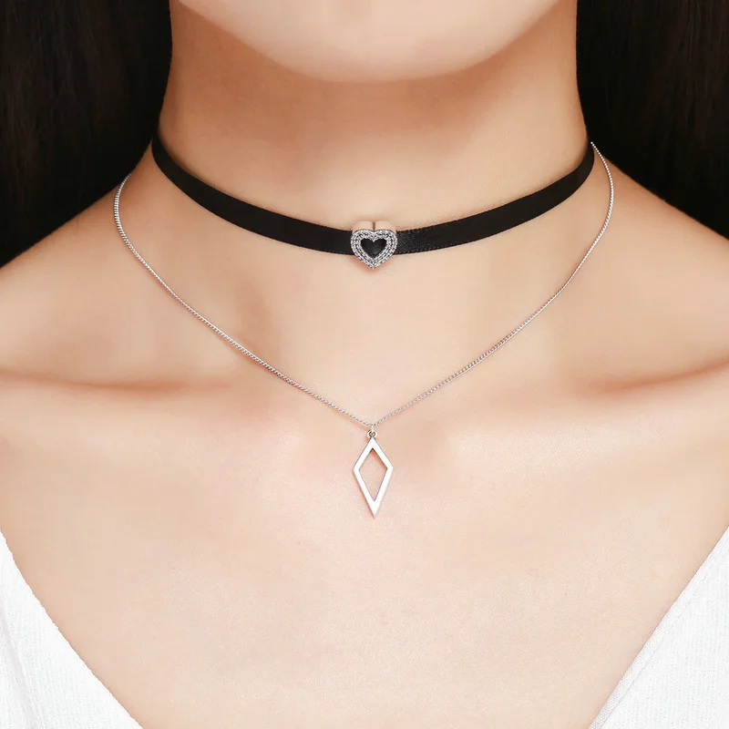 925 стерлингового серебра двойной слой черный оплетки Сердце квадратный Чокеры