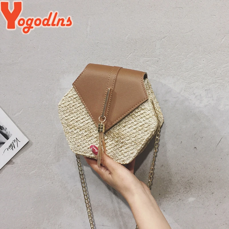 Yogodlns Hexagon Straw Shoulder Bag Women Summer Rattan Handmade Woven Beach Bohemia bolsa feminina chain Crossbody bag | Багаж и сумки