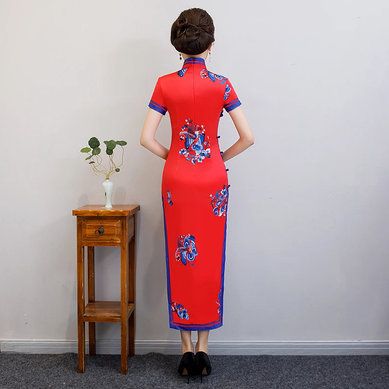 

2019 Long Cheongsam Vintage Chinese style Mandarin Collar Dress Womens Summer Rayon Qipao Slim Party Dresses Vestido S-XXXL