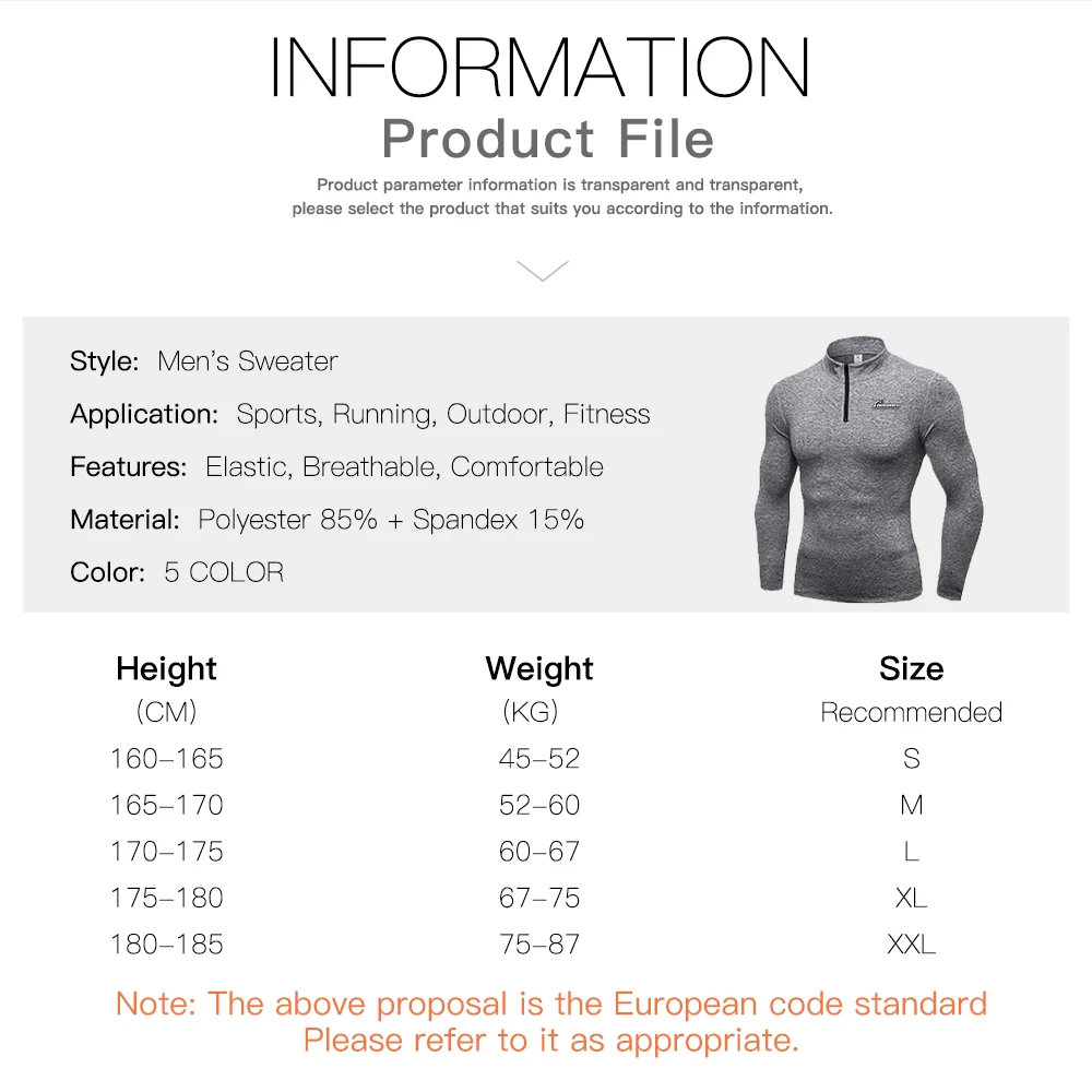 

Men Tight Fleece Running Shirt Sports Jogging Walking Long Sleeve Tops Zipper High Collar Warm Fitness Training Sportswear