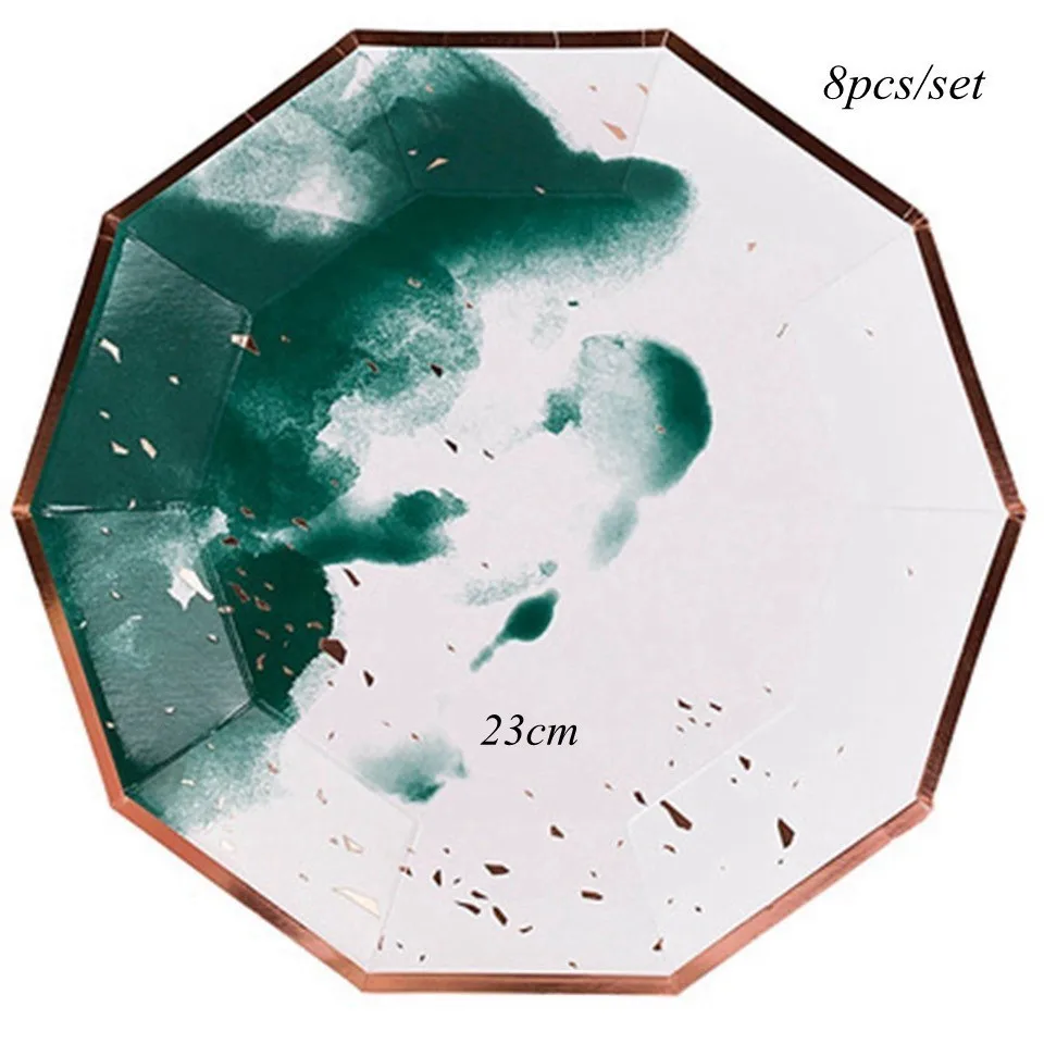 8pcs green plates 1 Набор зеленые розовые Позолоченные чернила одноразовая посуда бумажные тарелки/салфетка декор стола для свадьбы посуда для вечеринки в честь Дня Рождения принадлежности - Цвет: 8pcs green plates