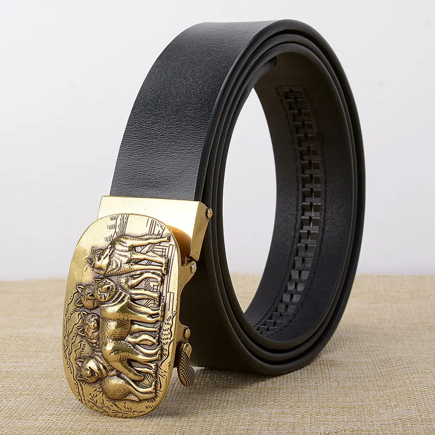 black gold buckle Новые брендовые дизайнерские ремни для мужчин, высокое качество, автоматический ремень, мужской кожаный ремень, повседневный поясной ремень с волчьей пряжкой - Цвет: black gold buckle