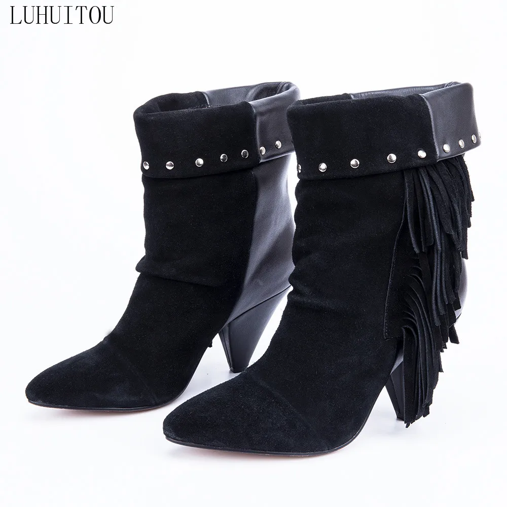 

women`s winter genuine leather spring quality suede fringe ankle boots casual cowboy boots rivet motorcycle shoes tassel boots