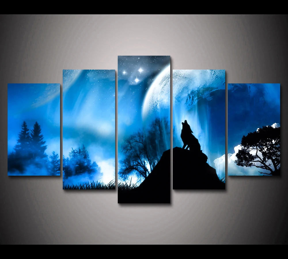 5 шт. Абстрактная Картина на холсте с изображением Луны ночи волка и воющего | Дом