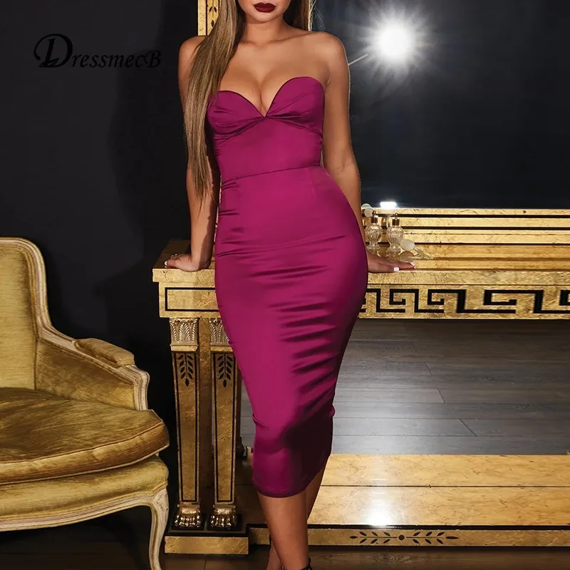 DRESSMECB сексуальное платье без бретелек женское облегающее с открытой спиной и