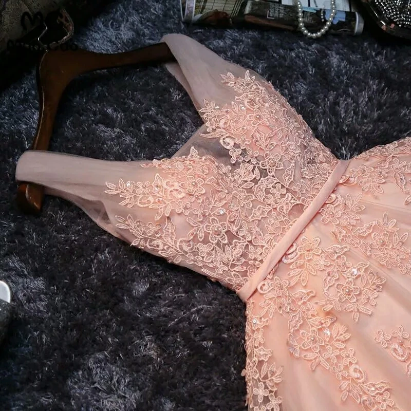 Высококачественное розовое вечернее платье с кружевной аппликацией милое
