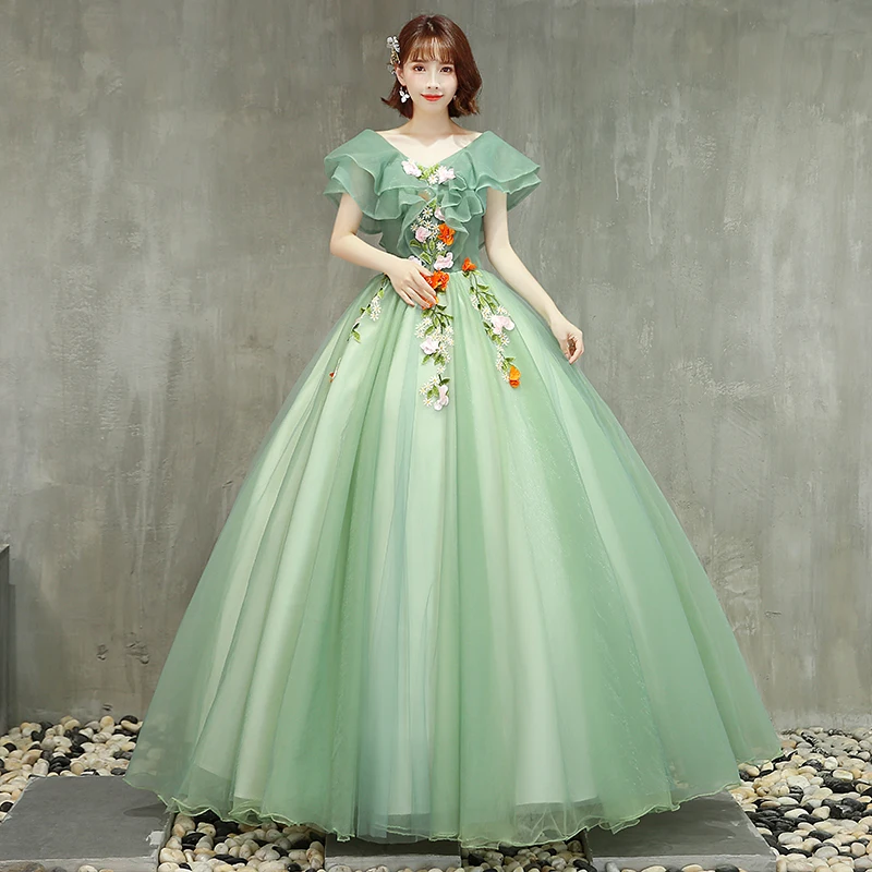 Милое Платье с V-образным вырезом, с аппликациями и цветами, зеленое, пушис...