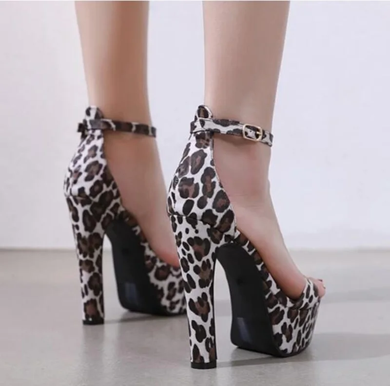 New Fashion Leopard Chunky High Heels Platform Sandals Woman Open Toe Ankle Strap Stiletto 14 CM Pumps T Stage Dress Shoes | Обувь