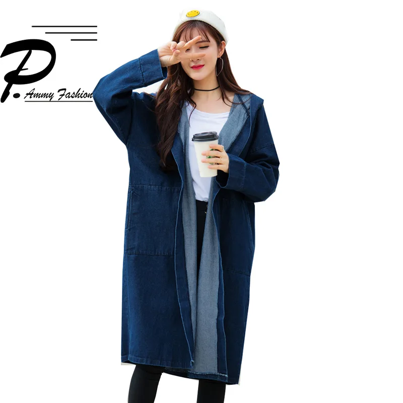 Модное джинсовое пальто с капюшоном размера плюс средней длины женские