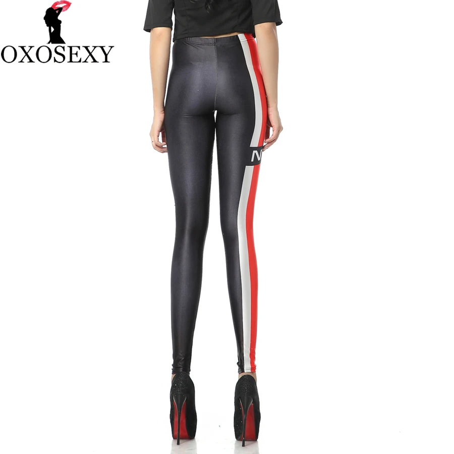 Женские леггинсы с принтом N7 красные в полоску эффектом Mass Effect женские для