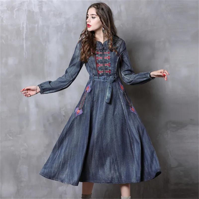

Винтажное осеннее платье для женщин 2018, Брендовое джинсовое платье с воротником-стойкой, длинным рукавом, вышивкой и поясом, облегающие пла...