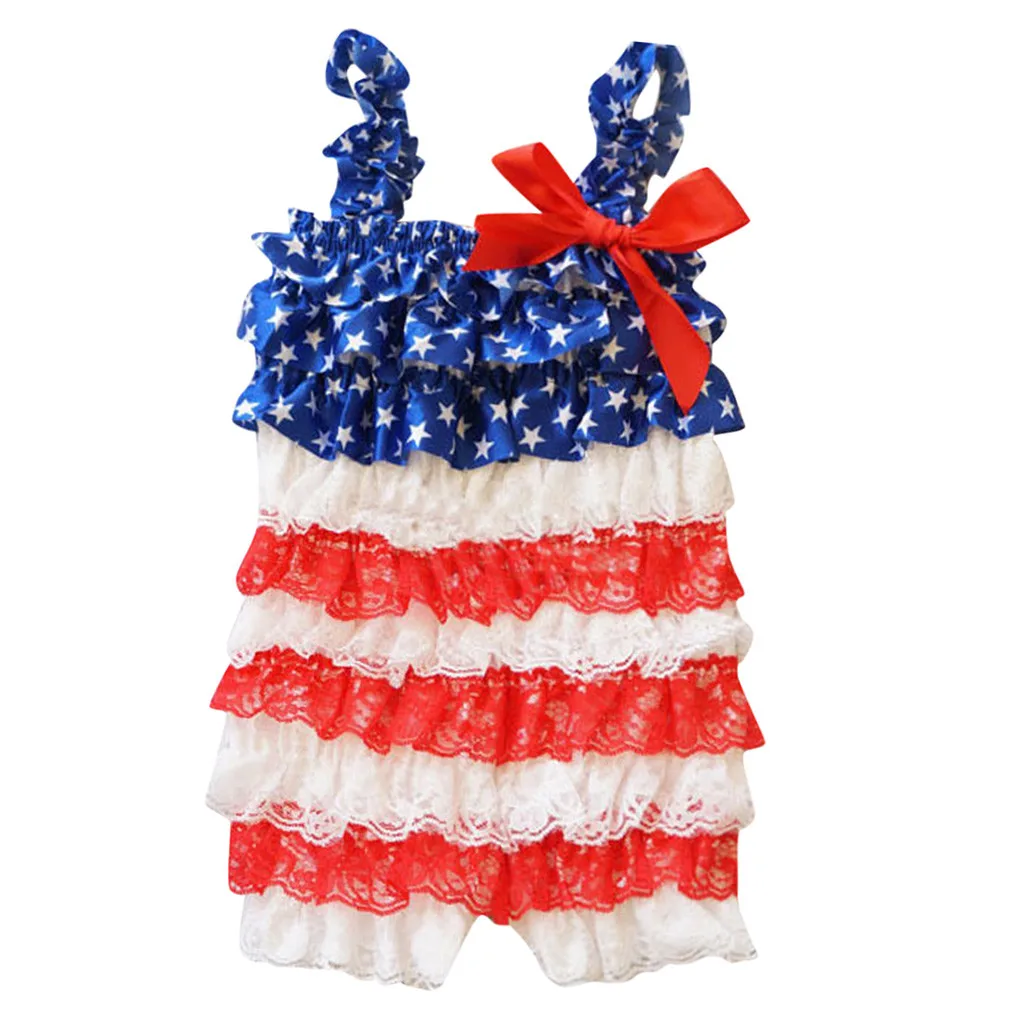 Комбинезон для младенцев с оборками и кружевом в полоску 4 июля комбинезон